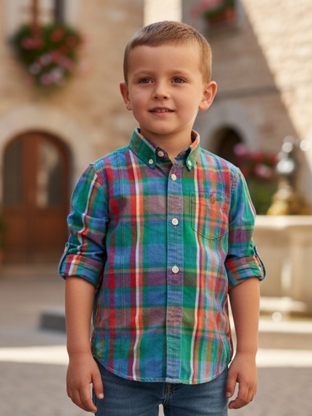 Ralph Lauren Boys Plaid Short Sleeve Button Down Shirt Size 5 Green Orange